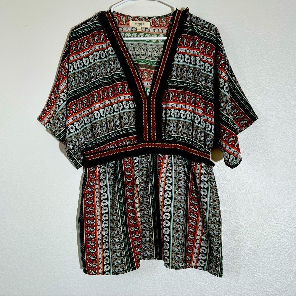Umgee USA Boho Multicolor Paisley Print Tunic Top with Fringe Accents, Size M